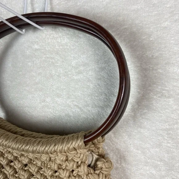 Vintage Cream Handmade Macrame‎ Purse Oval Handle 1970's Bead Crochet Small - Picture 6 of 9